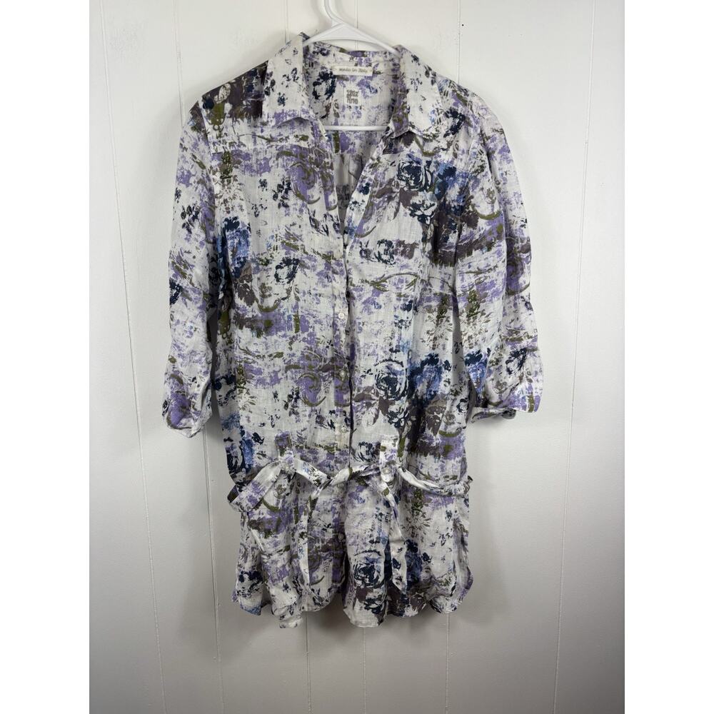 120% Lino Women’s Tunic Button Down Artsy Tie Purple Beach Grandma